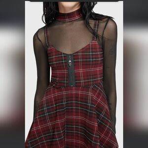 Killstar Red Plaid Dress with Black Mesh Sleeves